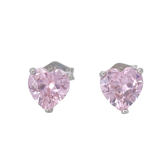 Vintage Sterling Silver 925 6.5mm Pink Heart Cubic Zirconia Stud Earrings - Picture 1 of 6